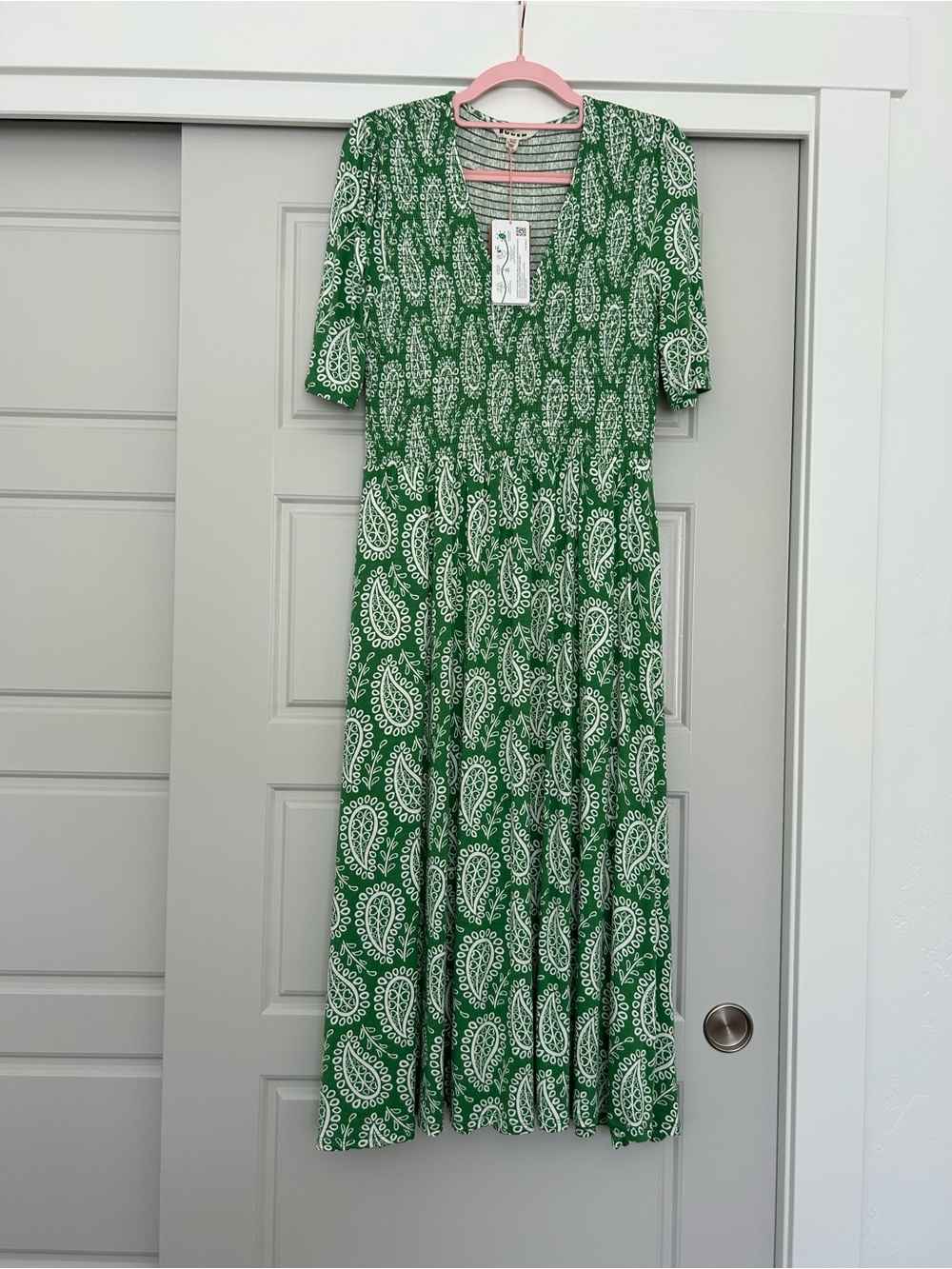 Boden Bethany Smocked Jersey Midi Dress Green Paisley 6